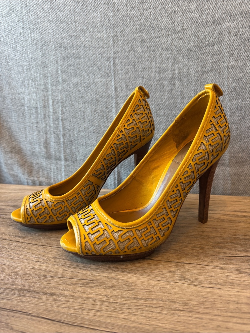 Tory Burch Mustard Yellow Laser-Cut Peep-Toe Heels